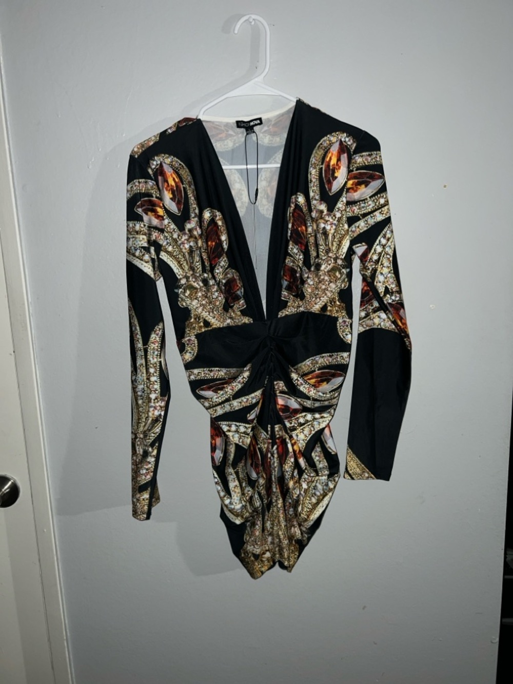 Fashion Nova Black Deep V Jewel-Print Long Sleeve Bodysuit